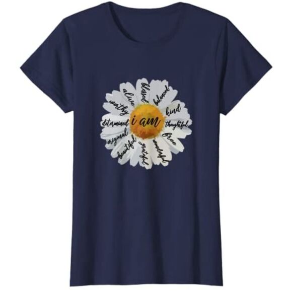 🔸️Blue w/White Daisy "I am..." Scoop Neck Short Sleeve Top Large - Picture 1 of 9